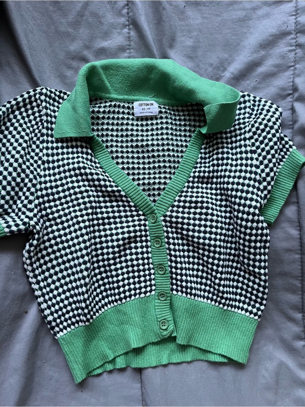 Cotton On Black & White Knit Cardigan with Green Trim